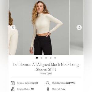 NWOT lululemon All Aligned Mock Neck Long Sleeve Shirt - White Opal